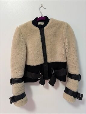 A.L.C. Women's Beige Shearling Bomber Jacket with Black Trim